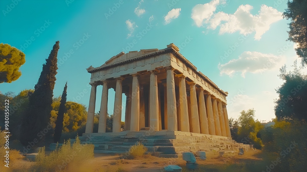 Greek temple façade with ionic Doric columns and a scenic landscape Greek temple façade with ionic Doric columns and a scenic landscape