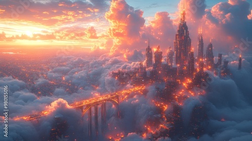 A fantastical cityscape emerging from vibrant clouds at sunset.