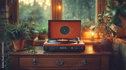 A vintage record player on a wooden table surrounded by plants.