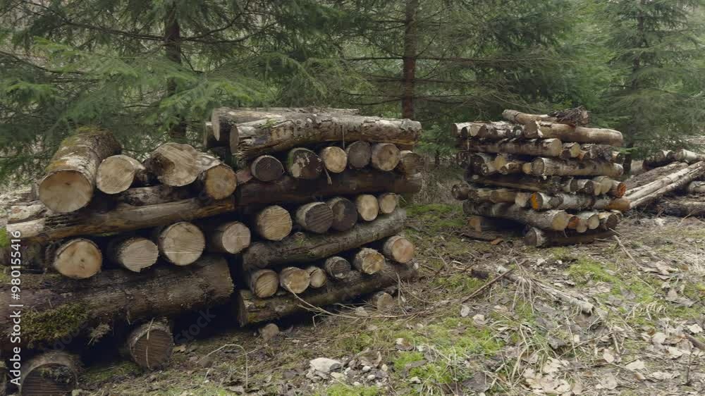 Stacks of firewood in a forest in Germany. Pile of cut trees in a spring forest in Europe. Bunch of felled woods in a European woodland in countryside. Lumberjack and logging. Stacked tree poles. Stacks of firewood in a forest in Germany. Pile of cut trees in a spring forest in Europe. Bunch of felled woods in a European woodland in countryside. Lumberjack and logging. Stacked tree poles.