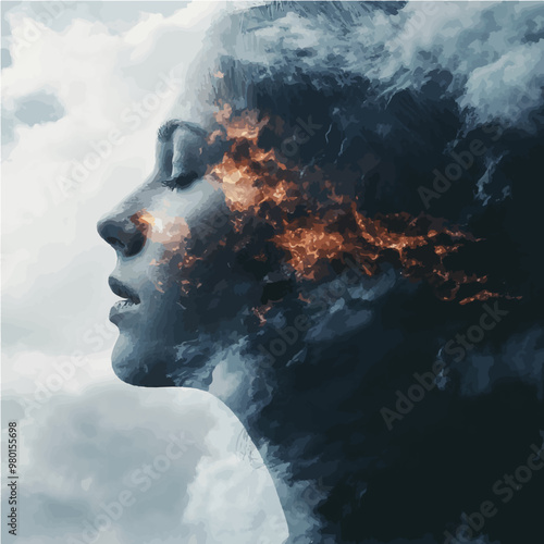 Surreal double exposure of a woman's face blending with clouds and fire, symbolizing emotional turmoil and transformation.