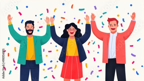 A vibrant illustration of three joyful friends celebrating with raised arms and colorful confetti in a cheerful setting.
