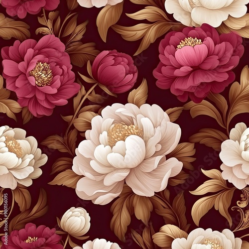 A vibrant floral pattern featuring elegant peonies in rich red and white tones against a dark background, perfect for various designs.
