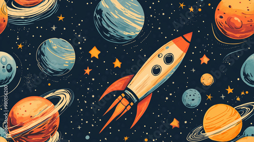 Space Rockets and Planets: An imaginative pattern with space rockets, planets, and stars, repeating in a whimsical arrangement. The rockets and planets are illustrated with bright photo