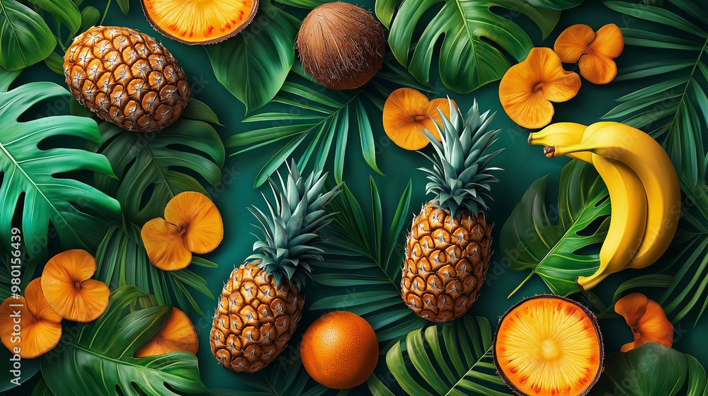 Fototapeta premium Tropical Leaves and Fruits: A lively pattern featuring an array of tropical leaves and fruits like pineapples, coconuts, and bananas, arranged in a repeating sequence. The vibrant