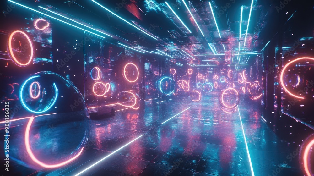 custom made wallpaper toronto digitalA vibrant, futuristic scene filled with glowing neon lights and reflective surfaces in a dynamic, abstract environment.