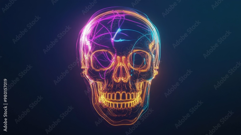 A vibrant, neon skull illustration showcasing intricate geometric patterns, perfect for artistic and scientific themes. A vibrant, neon skull illustration showcasing intricate geometric patterns, perfect for artistic and scientific themes.
