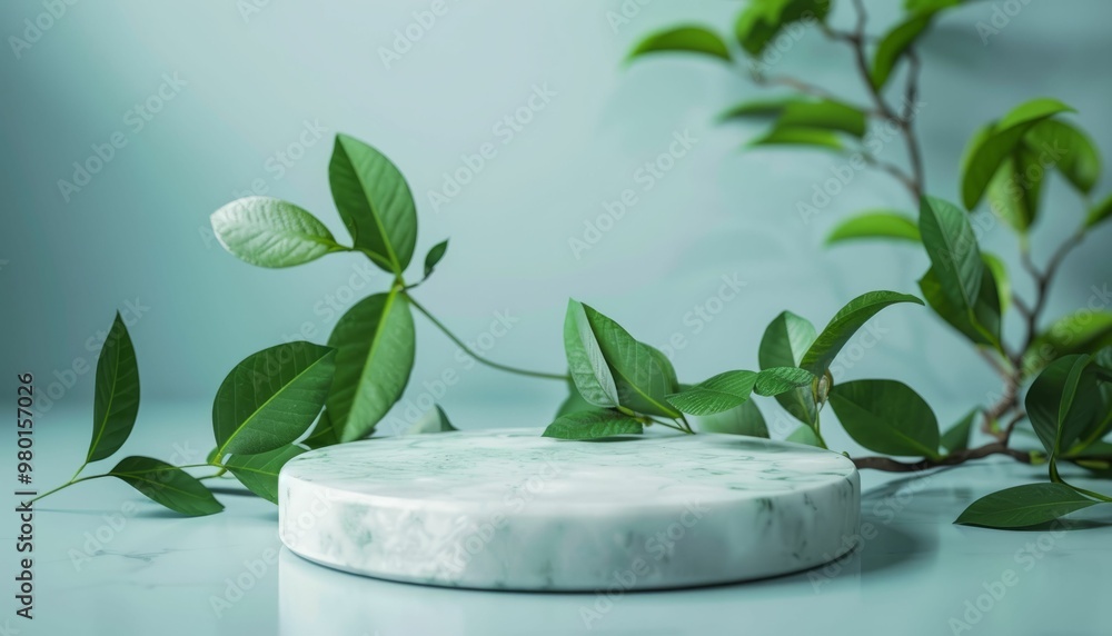 Elegant marble podium with green leaves for product display Elegant marble podium with green leaves for product display