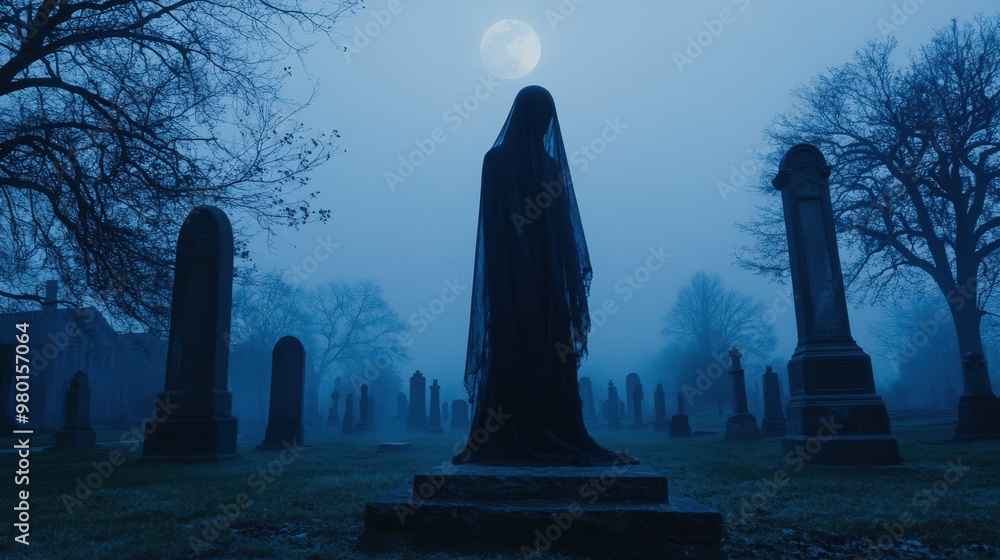 Ghostly figure floating through a foggy cemetery with copy space. Soft light. Moonlit graveyard background Ghostly figure floating through a foggy cemetery with copy space. Soft light. Moonlit graveyard background