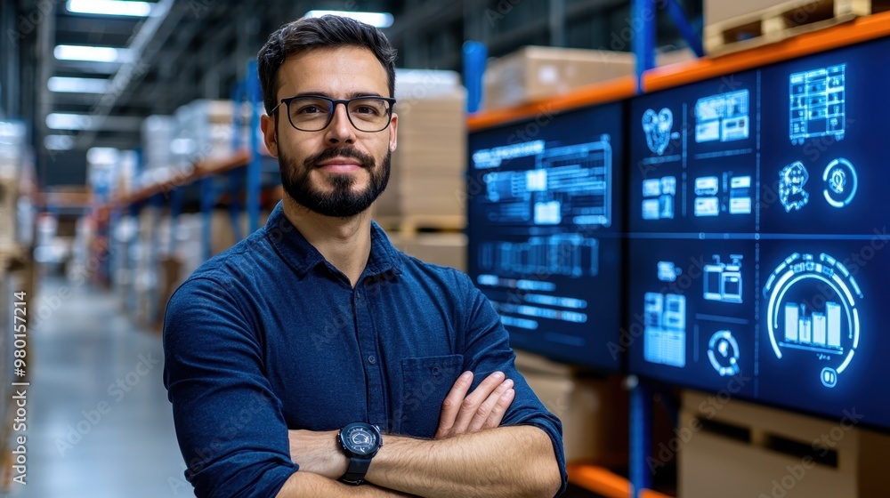 Modern Tech Company CTO Presenting AI Supply Chain Management System to Global Partners with Real-Time Data Screens - Concept of Global Logistics Innovation. Modern Tech Company CTO Presenting AI Supply Chain Management System to Global Partners with Real-Time Data Screens - Concept of Global Logistics Innovation.