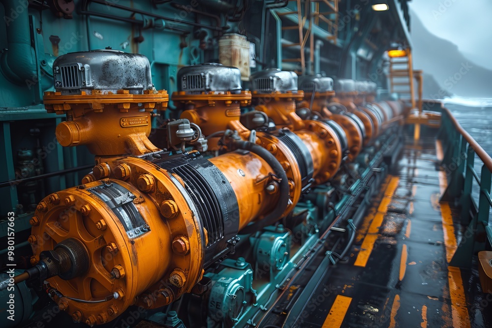 Close up of a marine diesel engine ship equipment and construction in the shipbuilding industry Close up of a marine diesel engine ship equipment and construction in the shipbuilding industry
