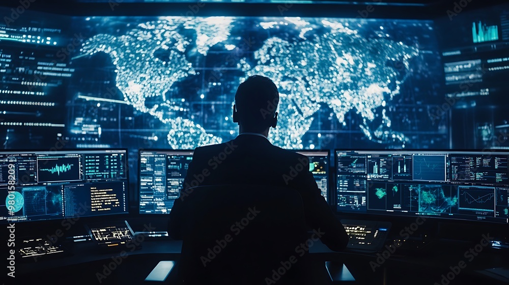 Cybersecurity professional working in a command center, responding to a major cyber attack. Cybersecurity professional working in a command center, responding to a major cyber attack.