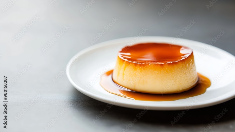 Delicious creamy caramel flan on a white plate with rich sauce, ready for dessert in an inviting kitchen background. Delicious creamy caramel flan on a white plate with rich sauce, ready for dessert in an inviting kitchen background.