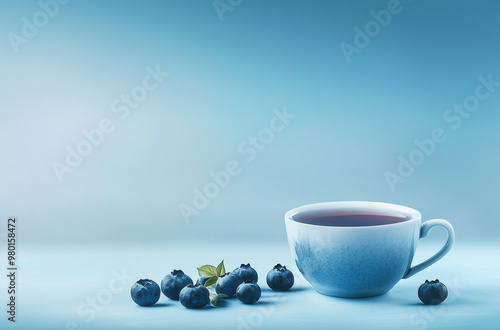 Serene Sip: Tranquil Cup of Blueberry Tea on a Serene Blue Background