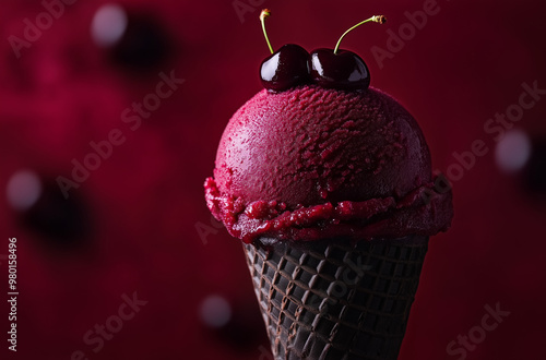 Dark Decadence: Luxurious Black Cherry Sorbet in a Dark Cone photo