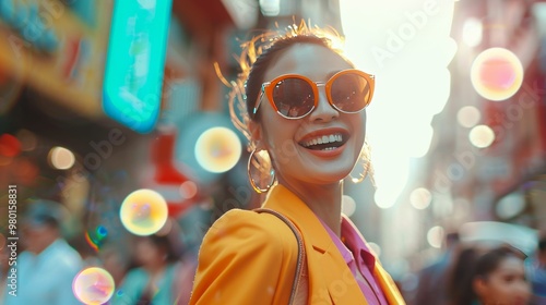 Portrait of a beautiful woman wearing sunglasses and smiling happily in the city