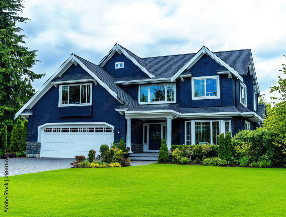 A large, dark blue house with white trim. In the background, there is green grass and trees A large, dark blue house with white trim. In the background, there is green grass and trees