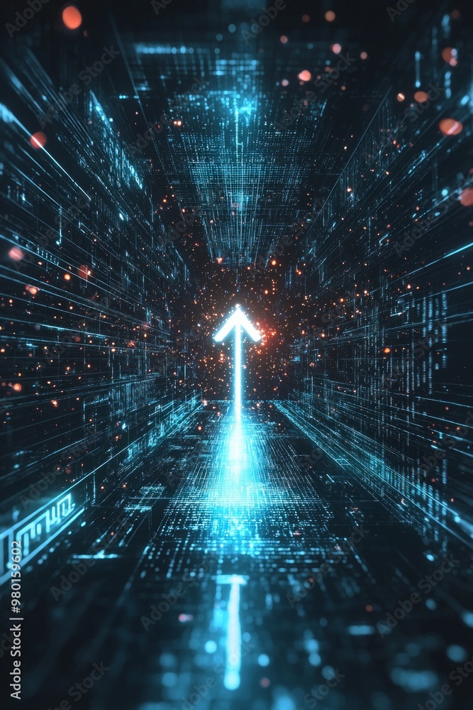 A glowing arrow made of light particles, moving through a dark, futuristic corridor. A glowing arrow made of light particles, moving through a dark, futuristic corridor.