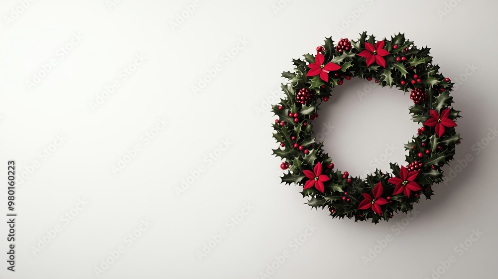 A vibrant Christmas wreath adorned with red flowers and green leaves, perfect for festive holiday decor or seasonal celebrations. A vibrant Christmas wreath adorned with red flowers and green leaves, perfect for festive holiday decor or seasonal celebrations.