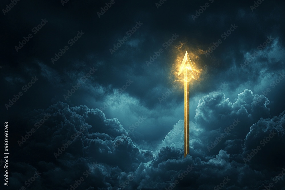 Fototapeta premium A golden arrow icon piercing through a dark storm cloud, representing triumph over adversity.