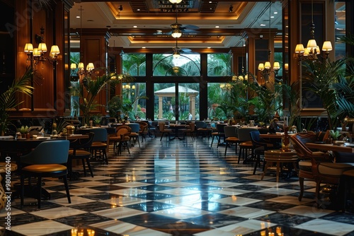 Refined Dining: A Luxurious Restaurant Interior with Elegant Tables, Chairs, Lights, and Lush Greenery photo