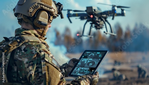 Soldier using tablet to control military drone in combat zone