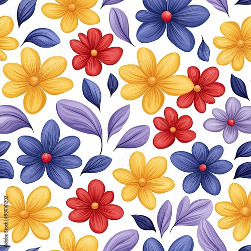 Bright and colorful floral pattern featuring various flowers and leaves on a white background, perfect for textile and wallpaper design.