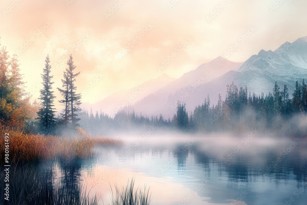 Tranquil Mountain Lake at Dawn with Mist and Reflection Tranquil Mountain Lake at Dawn with Mist and Reflection