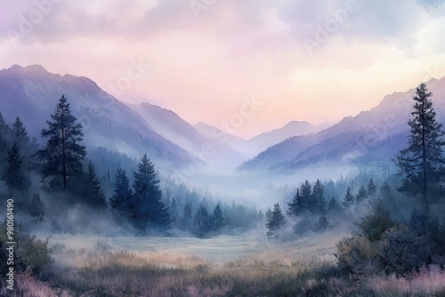 Misty Mountain Landscape with Silhouetted Trees