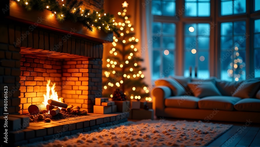 A warm living room with a glowing fireplace and Christmas tree, creating a cozy holiday atmosphere A warm living room with a glowing fireplace and Christmas tree, creating a cozy holiday atmosphere