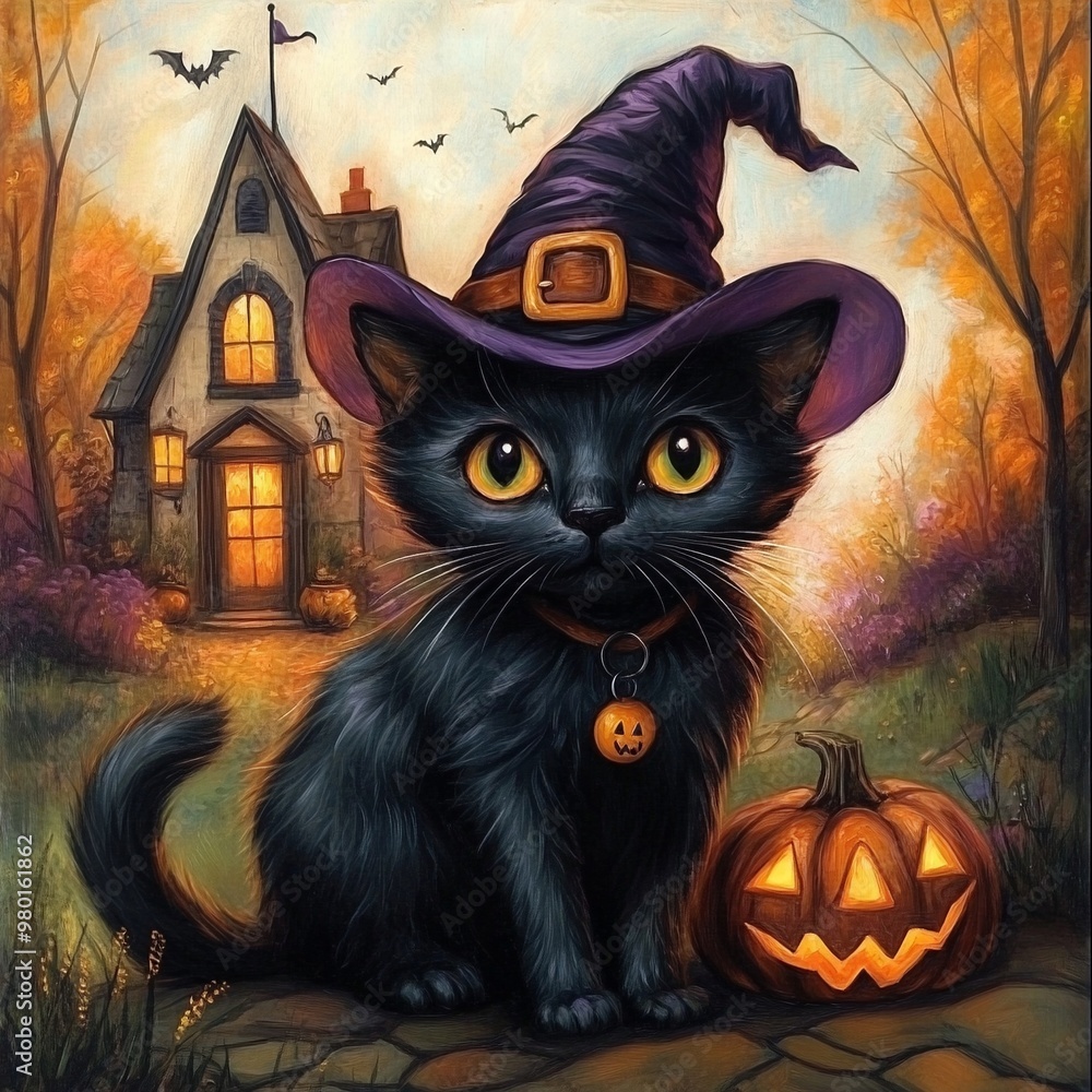 Cute black cat with a witch hat Cute black cat with a witch hat