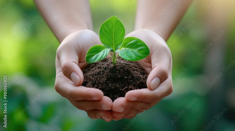 Close-up of hands holding soil with a small green plant, symbolizing growth, nature, and environmental care.