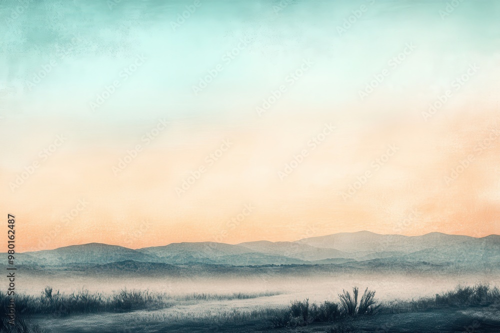Misty Mountain Range at Sunrise with a Field of Grass Misty Mountain Range at Sunrise with a Field of Grass