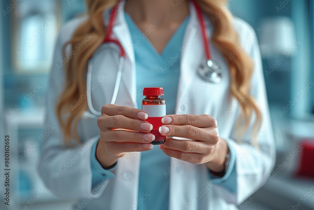 Doctor holding red marker discusses treatment plan with female colleague in medical attire Doctor holding red marker discusses treatment plan with female colleague in medical attire