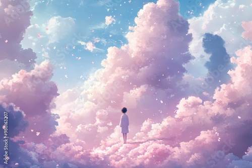 Wallpaper Mural A lone figure standing amidst a sky of fluffy pink clouds and falling petals Torontodigital.ca