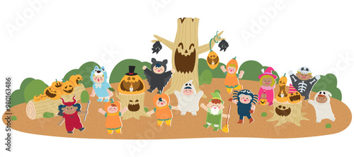 ハロウィンの仮装をした子供達とジャックランタン