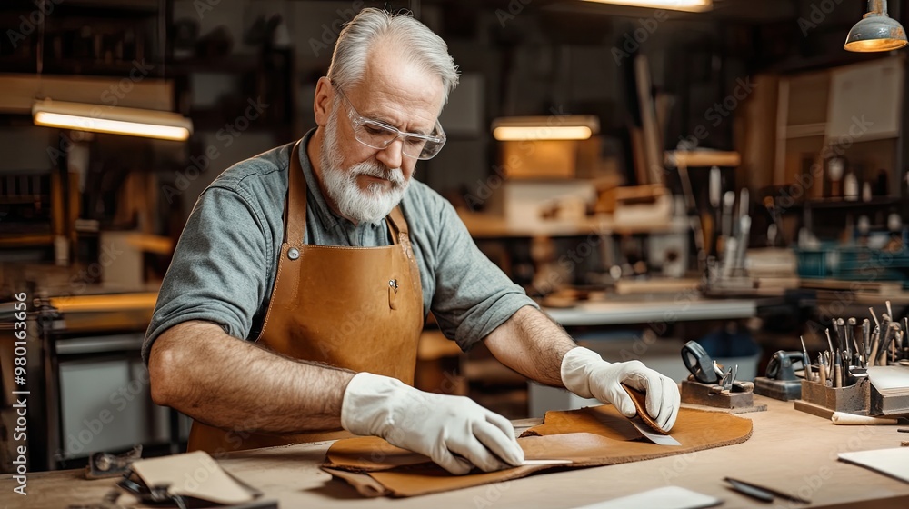 Craftsman skillfully working with leather in a workshop, showcasing traditional techniques and attention to detail. Craftsman skillfully working with leather in a workshop, showcasing traditional techniques and attention to detail.