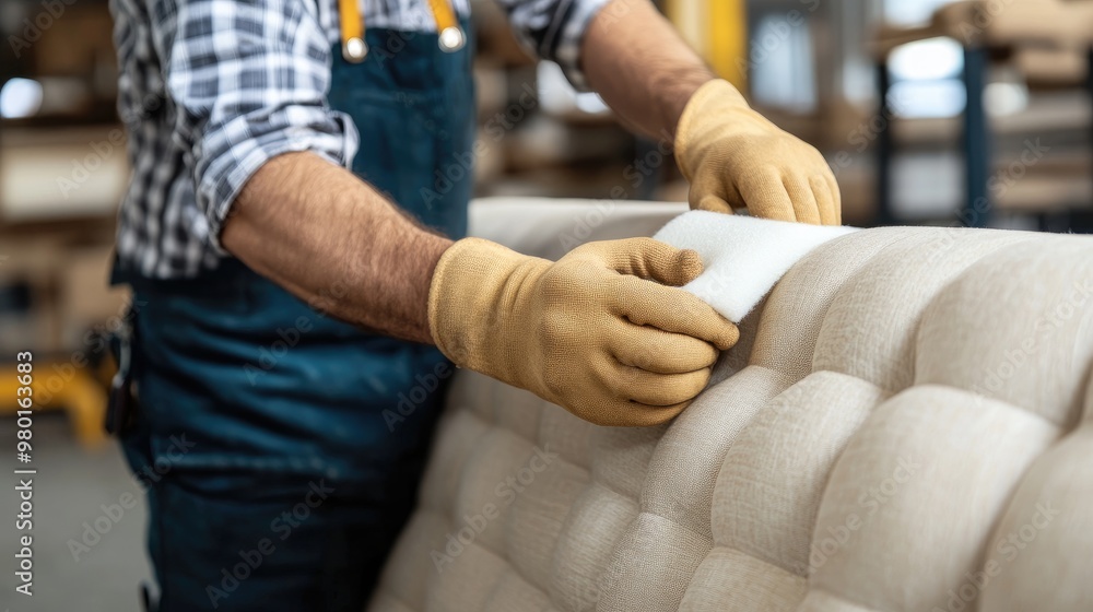 Fototapeta premium Craftsman working diligently on upholstery, ensuring quality and detail in furniture creation in a bright workshop environment.
