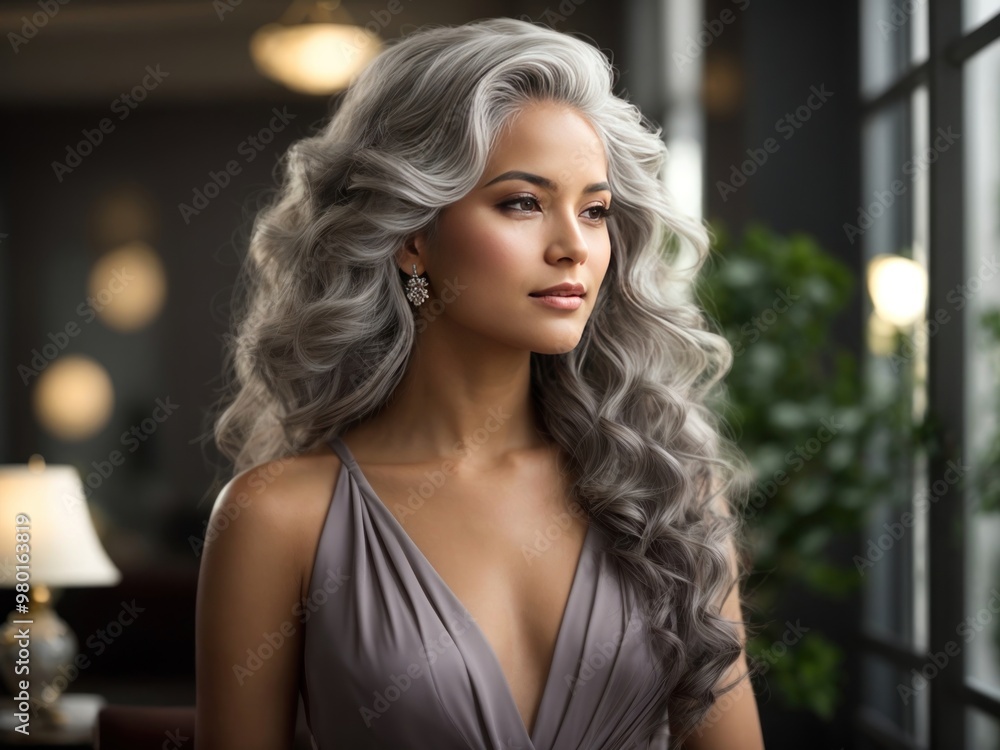 beautiful young lady with long healthy wavy grey color hair beautiful young lady with long healthy wavy grey color hair