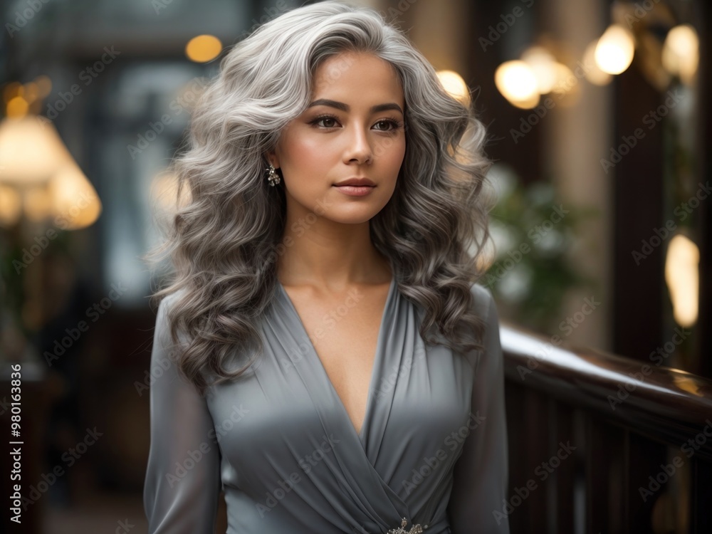 beautiful young lady with long healthy wavy grey color hair beautiful young lady with long healthy wavy grey color hair