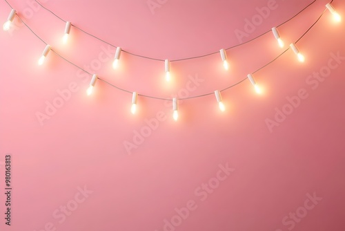 String lights glowing on pink wall background with copy space for text and decoration