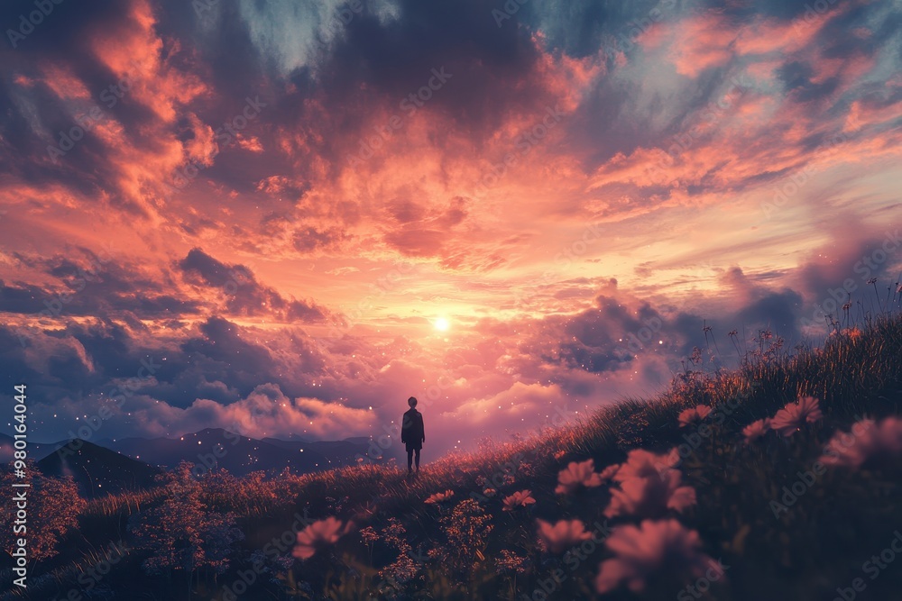 Solitary Figure Against a Dramatic Sunset Sky Over a Field of Flowers Solitary Figure Against a Dramatic Sunset Sky Over a Field of Flowers