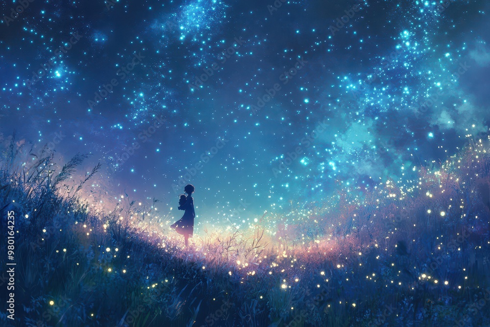 Fototapeta premium A Silhouetted Figure Gazing at a Starry Night Sky with Fireflies in the Grass
