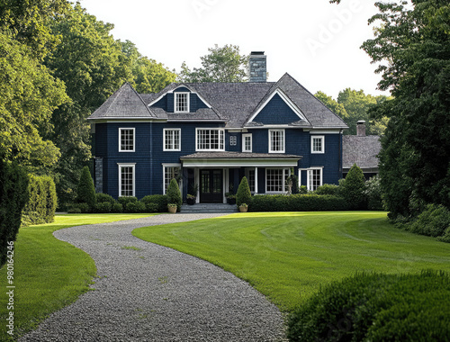 A large, dark blue house with white trim. In the background, there is green grass and trees