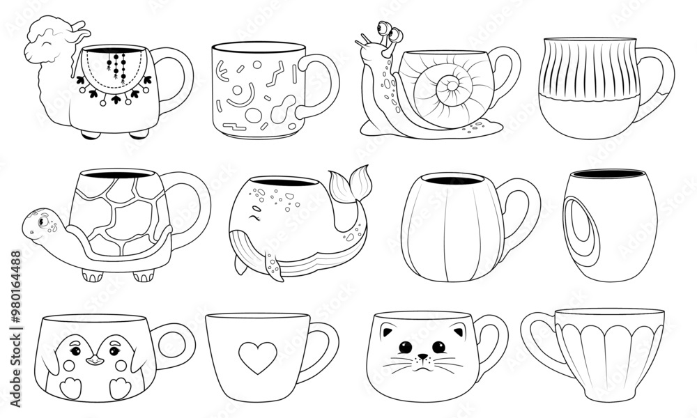 Fototapeta premium A set of mugs of different sizes and shapes. Cups in the shape of animals: snail, whale, turtle, cat, penguin, llama. Cup-pumpkin. Vector illustration in doodle style.