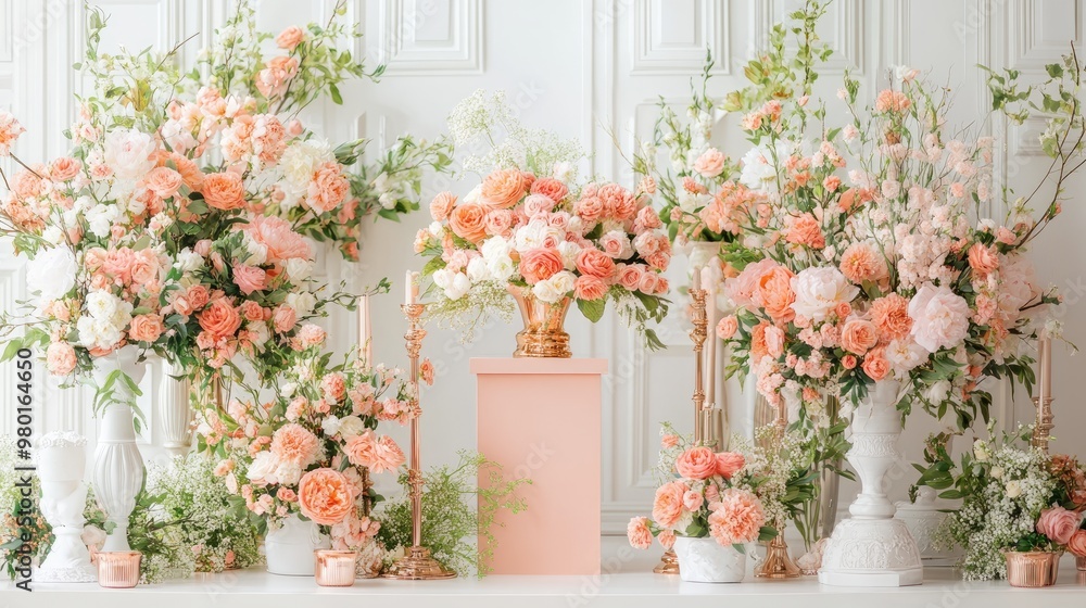 Elegant floral arrangement featuring peach and white blooms in decorative vases, perfect for events and celebrations. Elegant floral arrangement featuring peach and white blooms in decorative vases, perfect for events and celebrations.
