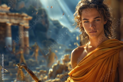 Apollo, revered god of light in ancient greek and roman mythology, shining patron of the arts and muses, forecaster of the future, healer, and emblem of male beauty, celebrated from mount Olympus. photo