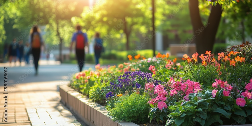 Students walking through a college campus on a sunny spring day, defocused background Students walking through a college campus on a sunny spring day, defocused background