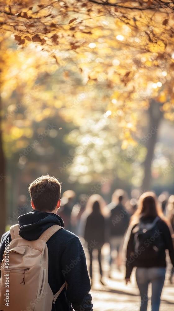 Obraz premium Students walking through a college campus on a sunny autumn day