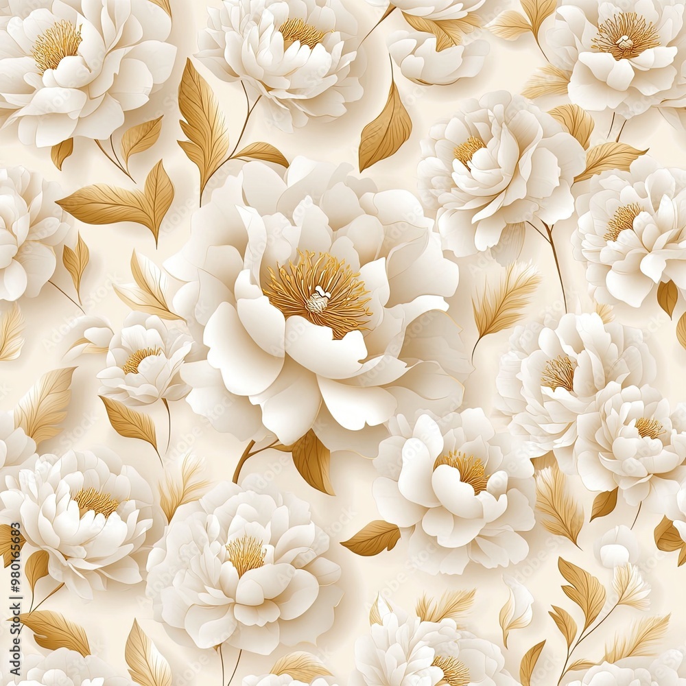 Elegant floral pattern featuring soft white flowers with golden leaves, perfect for textiles and interior design. Elegant floral pattern featuring soft white flowers with golden leaves, perfect for textiles and interior design.